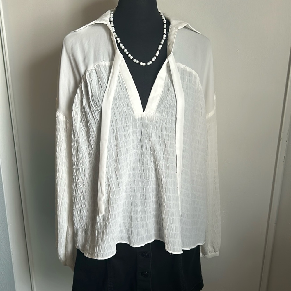 Line + Dot Women’s Romantic Boho Semi-Sheer Tie V-Neck Textured Dressy Blouse